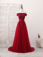 Prom Dress Affordable, Burgundy Off Shoulder Tulle Lace Applique Long Prom Dress, Evening Dress