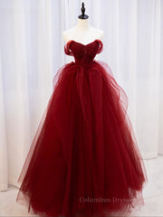 Formal Dresses Outfit Ideas, Burgundy off shoulder tulle lace long prom dress burgundy formal dress