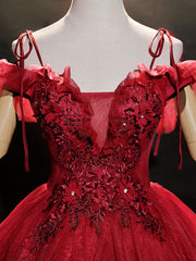 Prom Dresses 2025 Black, Burgundy Off Shoulder Tulle Lace Long Prom Dress, Burgundy Lace Sweet 16 Dress