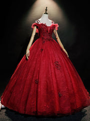 Prom Dress Long With Sleeves, Burgundy Off Shoulder Tulle Lace Long Prom Dress, Burgundy Lace Sweet 16 Dress