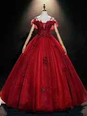 Prom Dresses Tight Fitting, Burgundy Off Shoulder Tulle Lace Long Prom Dress, Burgundy Lace Sweet 16 Dress
