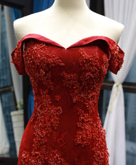 Prom Dress Sale, Burgundy Off Shoulder Tulle Lace Mermaid Long Prom Dress, Burgundy Evening Dress