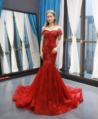 Prom Dresses Online, Burgundy Off Shoulder Tulle Lace Mermaid Long Prom Dress, Burgundy Evening Dress