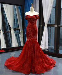 Prom Dresses Under 205, Burgundy Off Shoulder Tulle Lace Mermaid Long Prom Dress, Burgundy Evening Dress