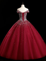 Bridesmaids Dresses Pink, Burgundy Off Shoulder Tulle Sequin Long Prom Dress, Burgundy Sweet 16 Dress