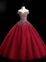 Bridesmaid Dresses Pinks, Burgundy Off Shoulder Tulle Sequin Long Prom Dress, Burgundy Sweet 16 Dress