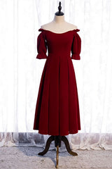 Ethereal Dress, Burgundy Off-the-Shoulder Tea Length Formal Dress with Sleeves