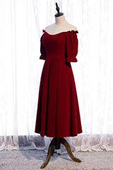 Chiffon Dress, Burgundy Off-the-Shoulder Tea Length Formal Dress with Sleeves
