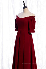 Black Gown, Burgundy Off-the-Shoulder Tea Length Formal Dress with Sleeves