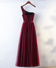 Prom Dresses Blush, Burgundy One Shoulder Long Prom Dress, Lace Evening Dress