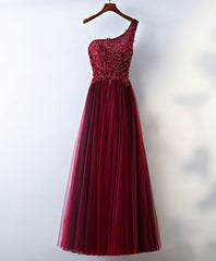 Prom Dress Blue, Burgundy One Shoulder Long Prom Dress, Lace Evening Dress