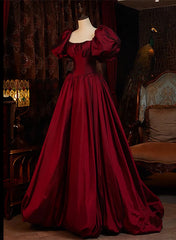 Prom Dress 2023, Burgundy Puffy Sleeves Taffeta Long Prom Dress, Floor Length Sweetheart Party Dress