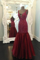 Prom Dresses 2029 Cheap, Burgundy Rhinestones Mermaid Evening Dress with Skirt,Formal Dresses