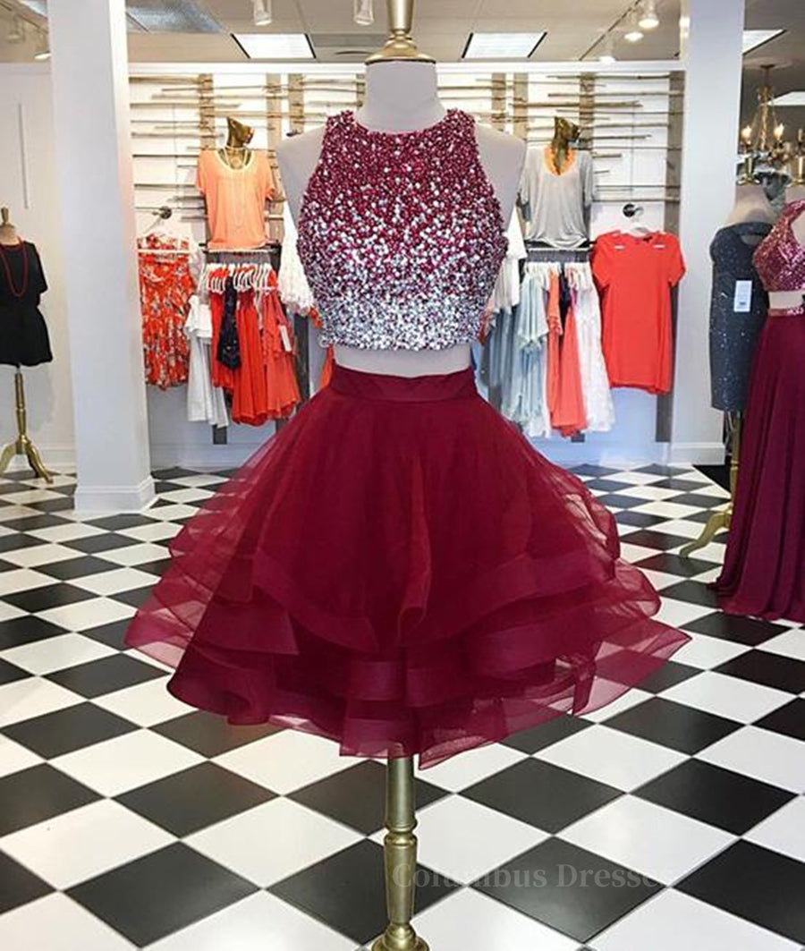 Homecoming Dresses Shop, Burgundy Round Neck 2 Pieces Sequins Tulle Short Prom Dress, 2 Pieces Burgundy Homecoming Dress, Graudation Dress