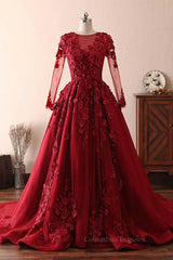 Prom Dresses V Neck, Burgundy round neck lace long prom dress burgundy evening dress