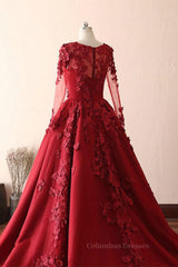 Prom Dress Store Near Me, Burgundy round neck lace long prom dress burgundy evening dress