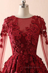 Prom Dresses Stores Near Me, Burgundy round neck lace long prom dress burgundy evening dress