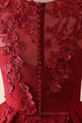 Prom Dress Stores Near Me, Burgundy round neck lace long prom dress burgundy evening dress