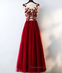 Bridal Shower Games, Burgundy round neck tulle lace long prom dress, bridesmaid dress