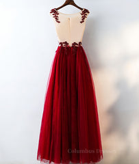 Bridesmaid Dresses Mismatched Winter, Burgundy round neck tulle lace long prom dress, bridesmaid dress