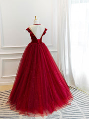 Party Dress Teens, Burgundy Round Neck Tulle Lace Long Prom Dress, Burgundy Evening Dress