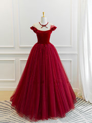 Party Dress Designs, Burgundy Round Neck Tulle Lace Long Prom Dress, Burgundy Evening Dress