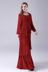 Evening Dresses Simple, Burgundy Ruffles Chiffon Mother of the Bride Dresses With Jacket