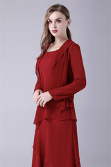 Evening Dress Simple, Burgundy Ruffles Chiffon Mother of the Bride Dresses With Jacket
