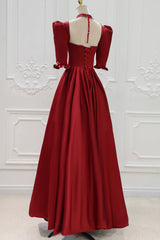Prom Dresses Colorful, Burgundy Satin High Neck Long Prom Dress, Burgundy A-Line Evening Party Dress