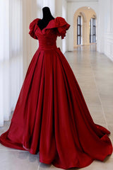 Bridesmaid Dresses Floral, Burgundy Satin Long A Line Prom Dress,Elegant Evening Dress