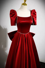 Prom Dress Long Sleeved, Burgundy Satin Long Prom Dress, A-Line Evening Dress with Bow