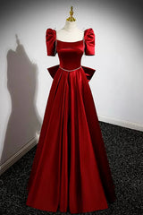 Prom Dress Long Sleeve, Burgundy Satin Long Prom Dress, A-Line Evening Dress with Bow