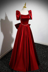 Prom Dress Long Sleeves, Burgundy Satin Long Prom Dress, A-Line Evening Dress with Bow