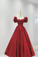 Bridesmaids Dresses Online, Burgundy Satin Long Prom Dress, A-Line Short Sleeve Evening Dress