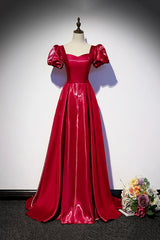 Floral Dress, Burgundy Satin Long Prom Dress, Simple A-Line Evening Dress