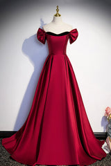 Bridesmaid Dress Floral, Burgundy Satin Long Prom Dress, Simple A-Line Evening Party Dress