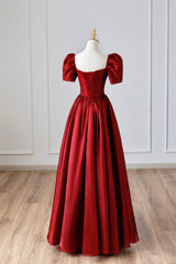 Bridesmaid Dresses By Color, Burgundy Satin Long Prom Dress, Simple A-Line Short Sleeve Evening Dress
