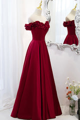 Homecoming Dress Beautiful, Burgundy Satin Off the Shoulder Beaded Long Formal Dress, Burgundy A-Line Prom Dress