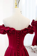 Homecoming Dresses 2024, Burgundy Satin Off the Shoulder Beaded Long Formal Dress, Burgundy A-Line Prom Dress