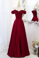 Homecoming Dress Idea, Burgundy Satin Off the Shoulder Beaded Long Formal Dress, Burgundy A-Line Prom Dress