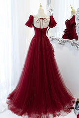 Homecoming Dresses, Burgundy Satin Tulle Long Prom Dress, A-Line Short Sleeve Evening Party Dress