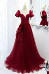 Homecoming Dresses Chiffon, Burgundy Satin Tulle Long Prom Dress, A-Line Short Sleeve Evening Party Dress