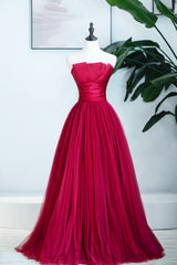 Bridesmaids Dress Beach, Burgundy Satin Tulle Long Prom Dress, A-Line Strapless Evening Dress