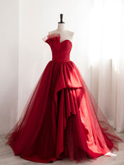 Prom Dress 2022, Burgundy Satin Tulle Long Prom Dresses, Burgundy Formal Evening Dresses