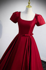 Evening Dress Simple, Burgundy Scoop Neckline Satin Long Prom Dress, Short Sleeve Evening Dress