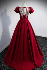 Evening Dresses Unique, Burgundy Scoop Neckline Satin Long Prom Dress, Short Sleeve Evening Dress
