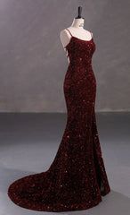 Prom Dress With Long Sleeves, Slim Burgundy Shimmery Open Back Formal Prom Evening Dress