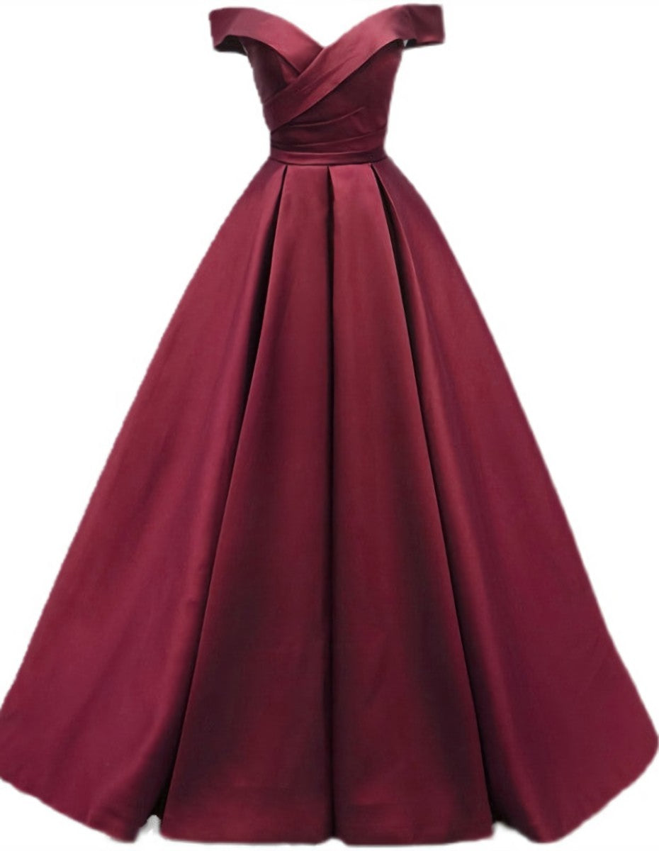 Prom Dresses Bodycon, Burgundy Simple A-line Floor Length Satin Off Shoulder Party Dress, Long Evening Dress