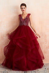 Prom Dress Long Ball Gown, Burgundy Sleeveless Aline Puffy Tulle Prom Dresses with Sequins
