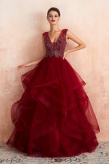 Prom Dresses Long Ball Gown, Burgundy Sleeveless Aline Puffy Tulle Prom Dresses with Sequins